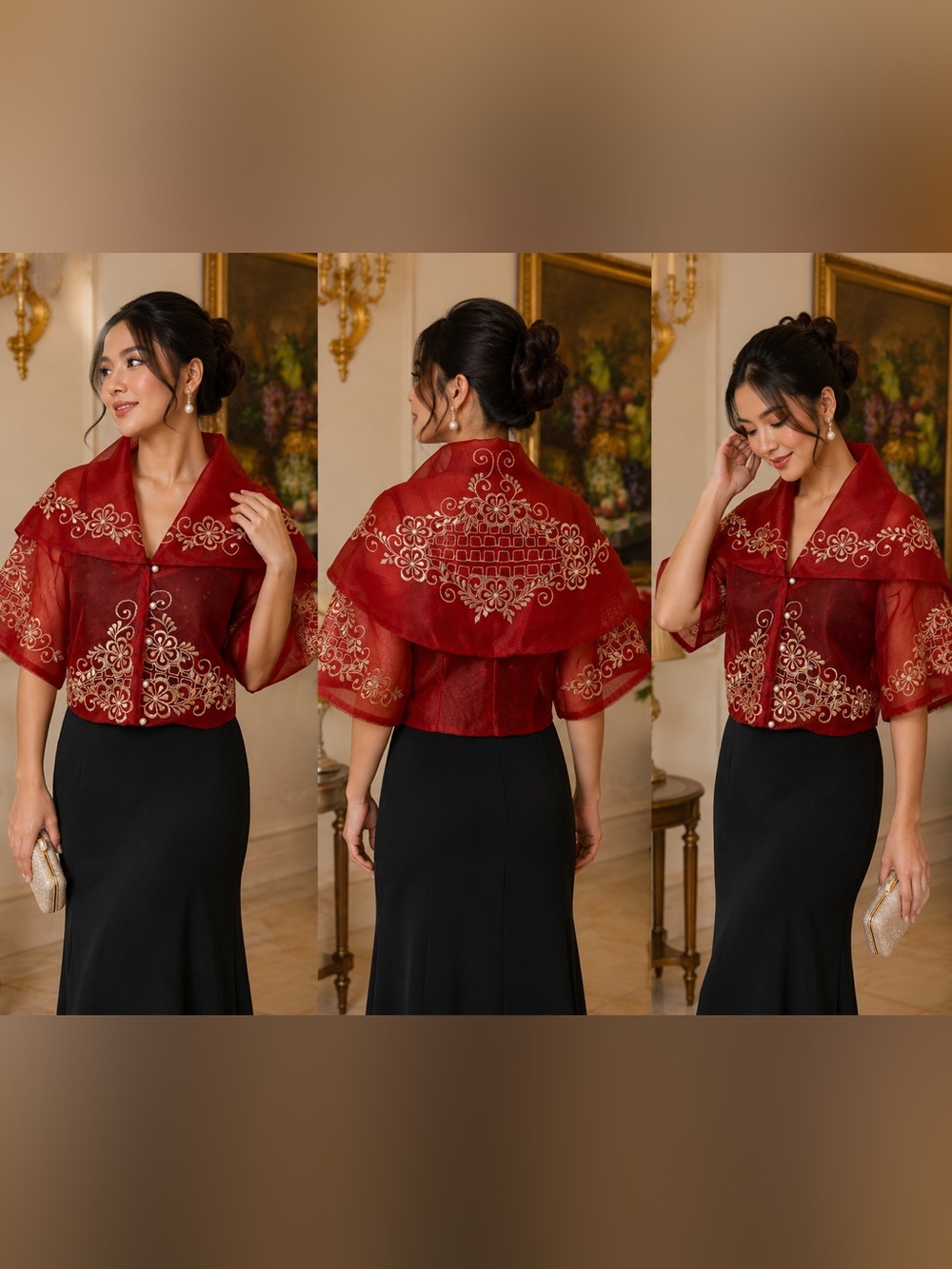 Embroidered Maroon Filipiniana Balona Maria Clara Organza Blouse Bolero Shrug